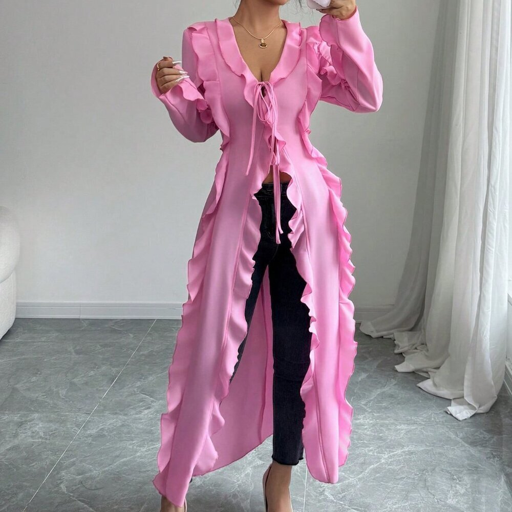 Pink Casual Women's Elegant Long Sleeve Ruffle Blouse - Picture 6 of 7
